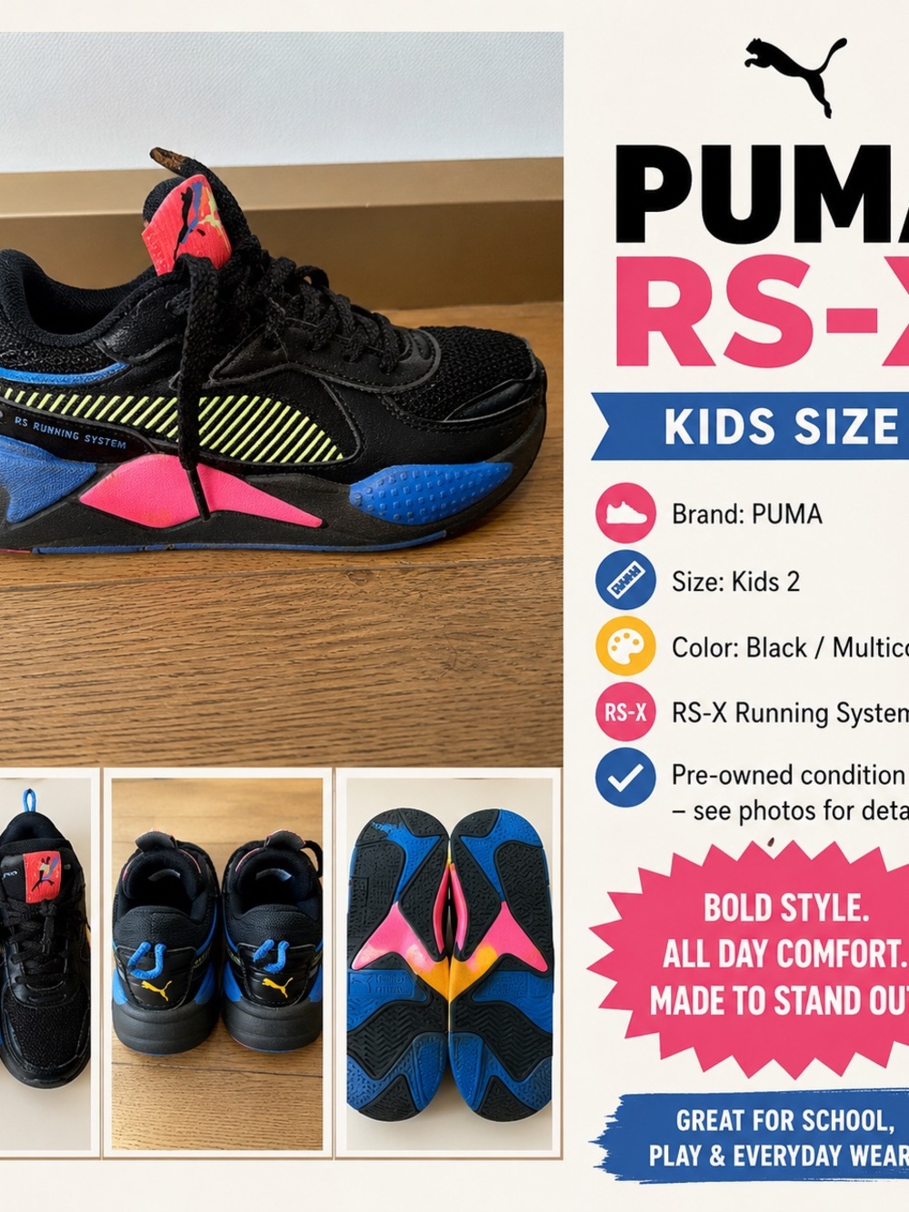 Puma Kids Black RS-X Style Sneakers with Pink, Blue & Yellow Accents